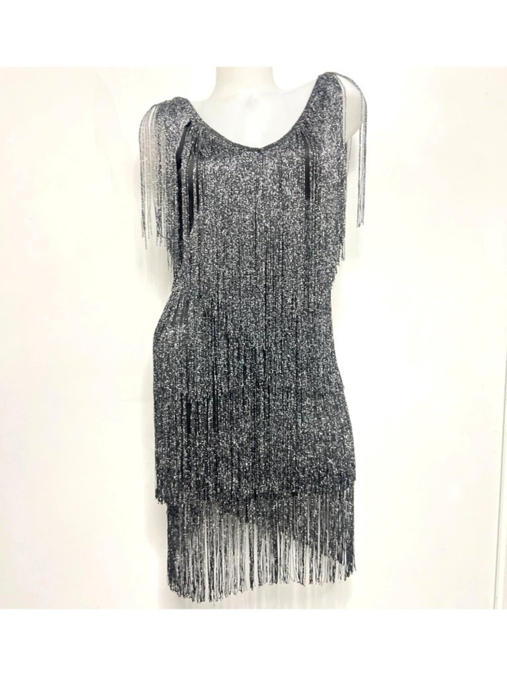 Flapper Glittery Silver Black Fringe Party Dress Size Small